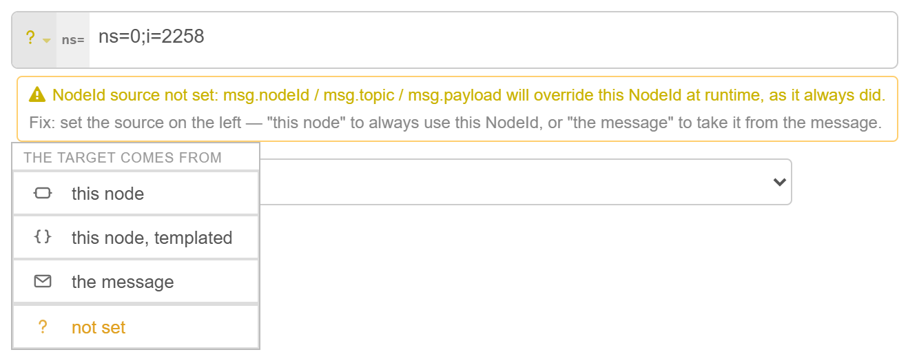 The NodeId source menu, open on a node that has not answered yet