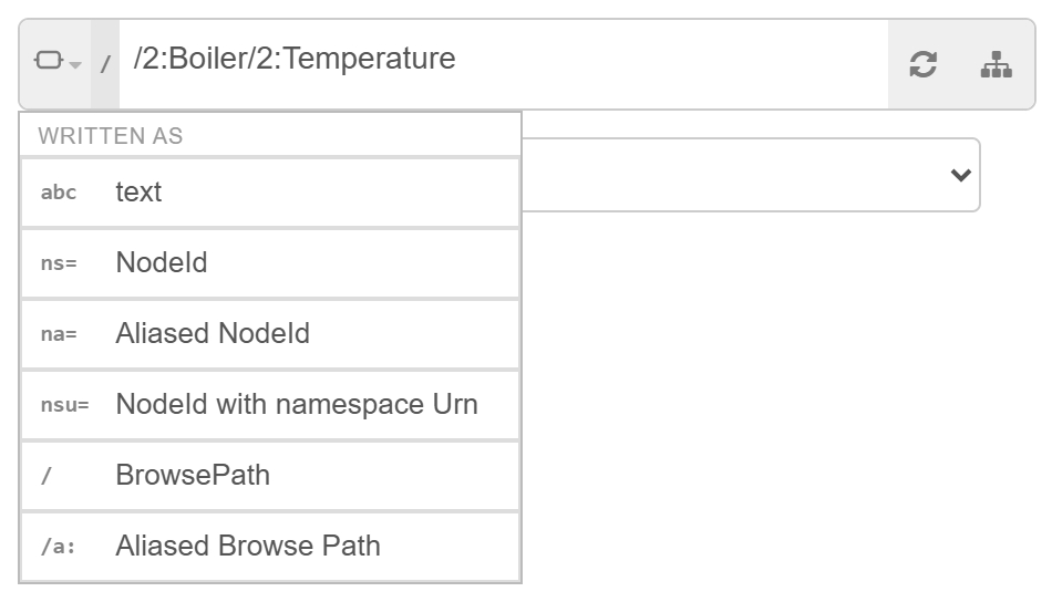 The notation menu, each entry showing the characters its value begins with